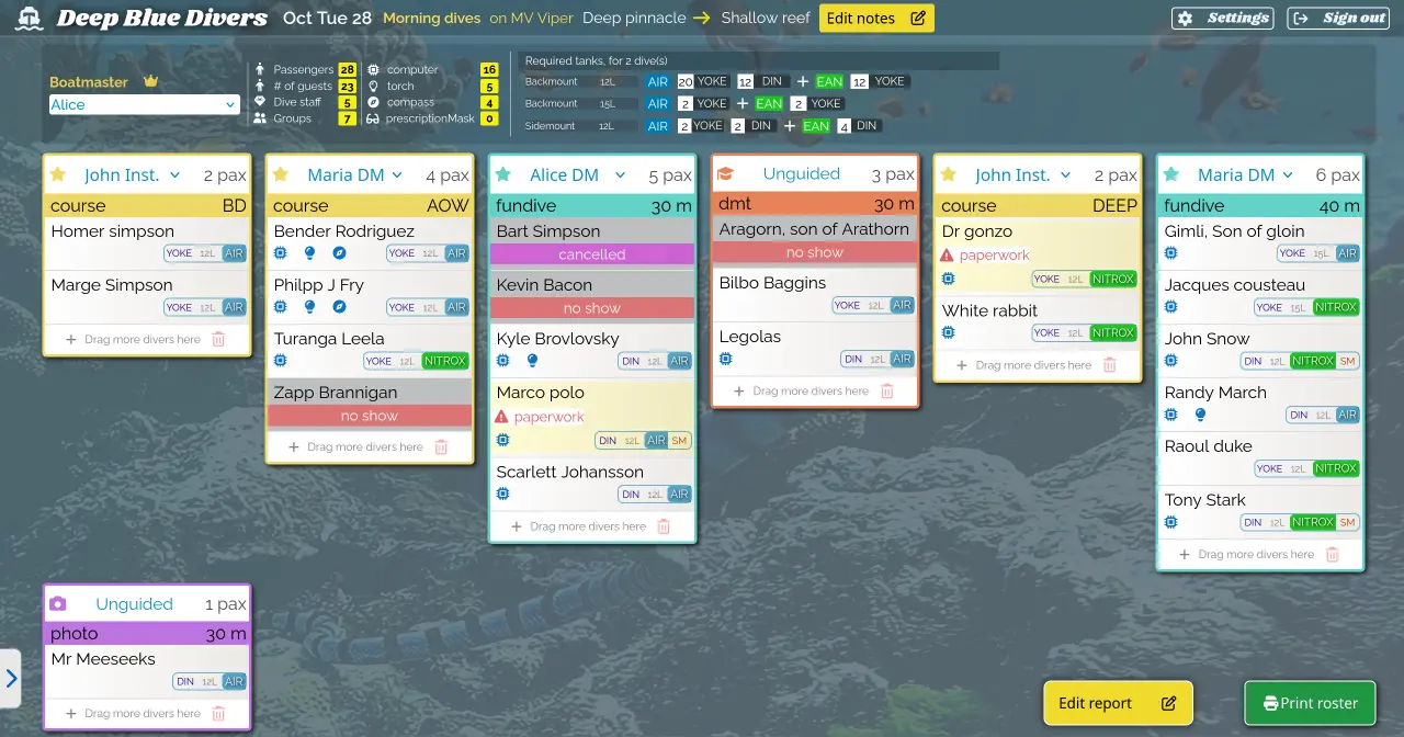 A close up of a roster created with BoatMasta, showing detailed passenger information including special requests and gear needs