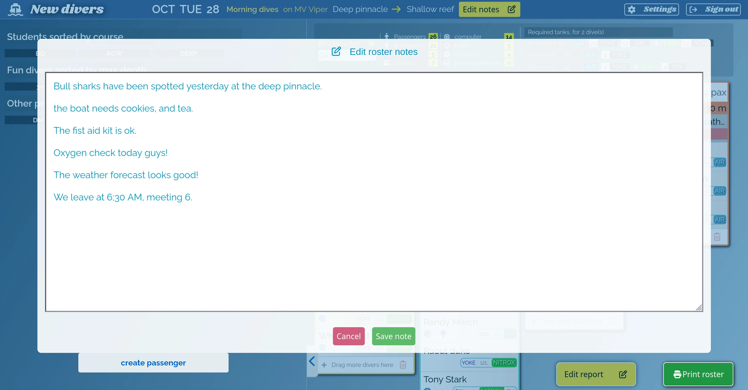 A close up of a roster created with BoatMasta, showing notes added to the roster for the dive guides and boat crew to read