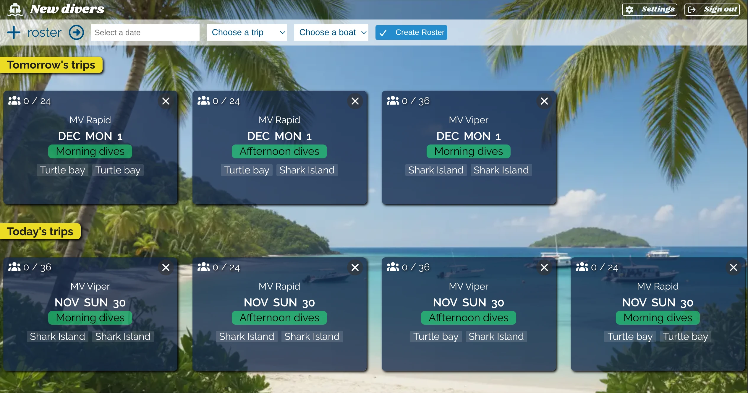 A sample roster created with BoatMasta, showing divers, their gear and special requests, as well as staff members assigned to the trip