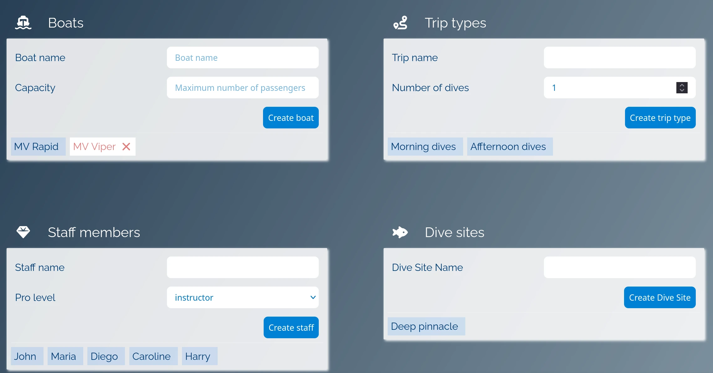 A close up of a roster created with BoatMasta, showing detailed passenger information including special requests and gear needs